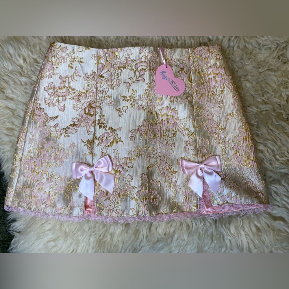 Sugar Thrillz Pink and Gold Floral Brocade mini skirt